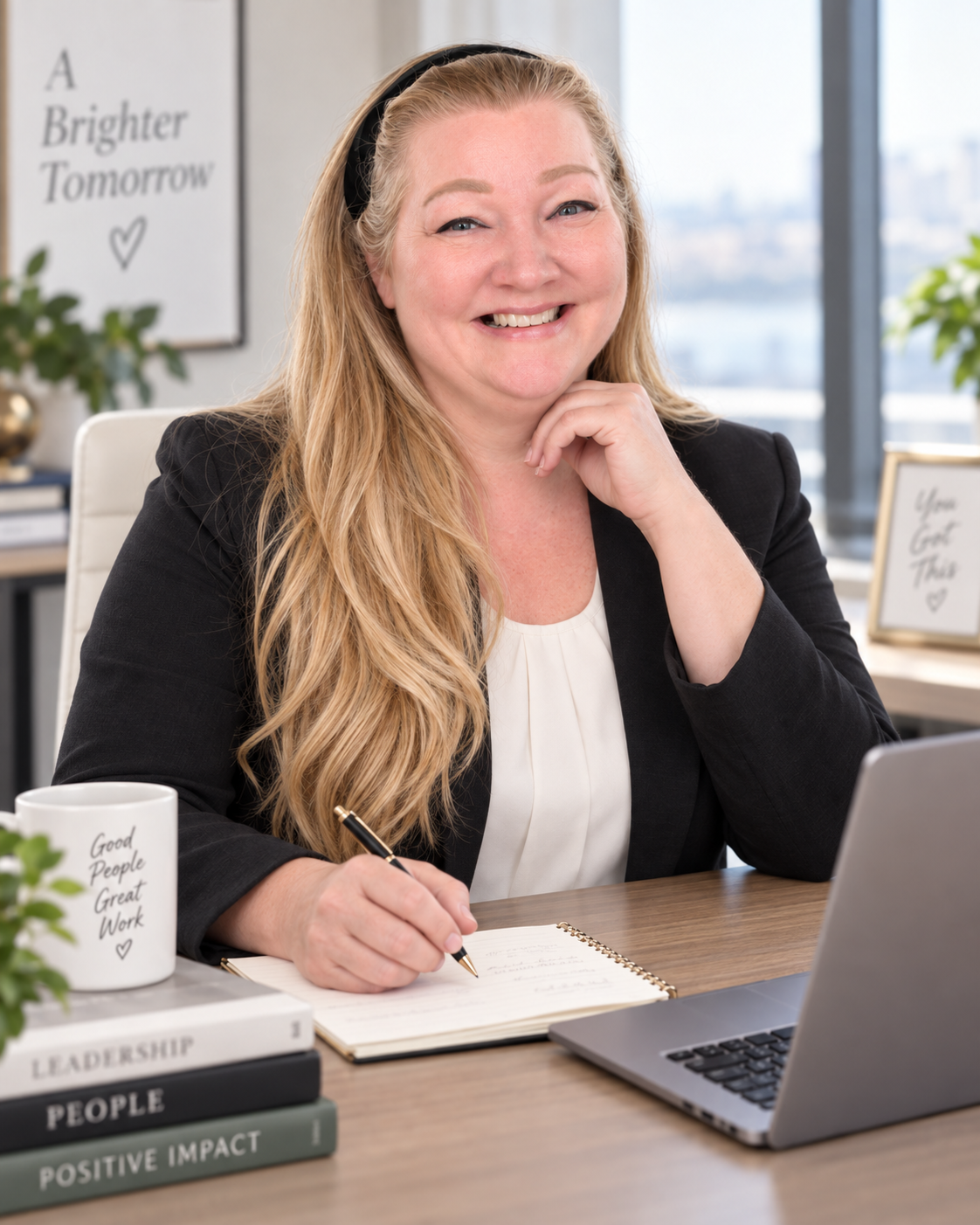 Melissa Bada, founder of PeopleOps HR, working at her desk